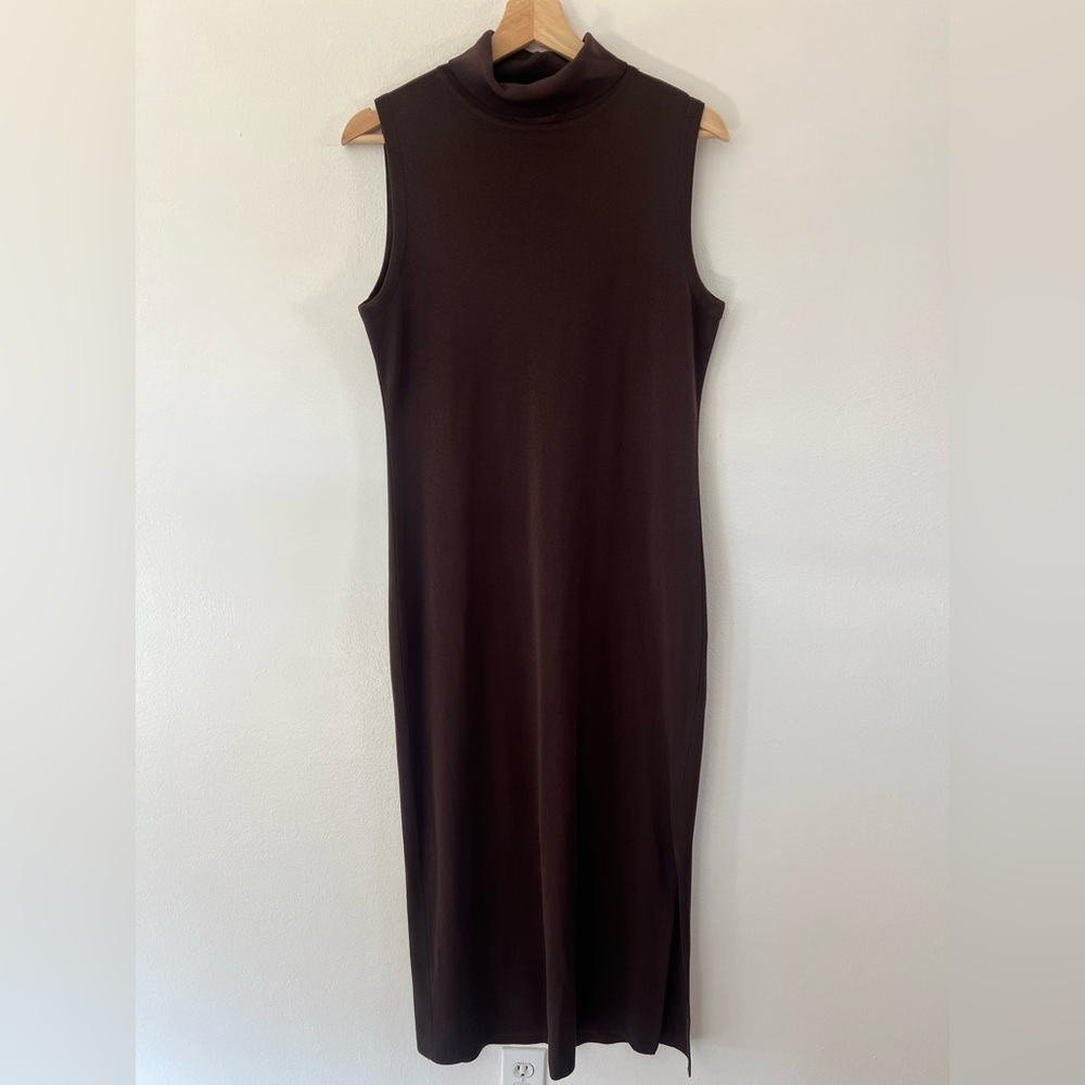Misook Sleeveless Chocolate Brown Ribbed Folded Turtleneck Maxi Dress Size Small